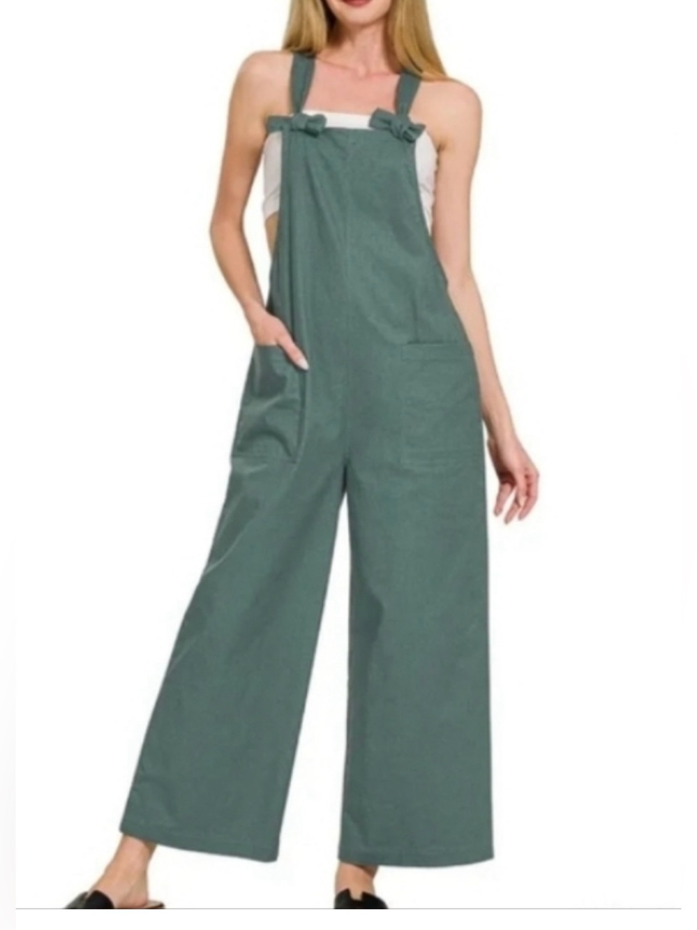 Zenana New Dark Olive Knotted Wide Leg Stretch Cotton Overall Jumpsuit S M L